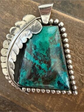 Vintage Native Navajo Handmade Sterling Silver Chrysocolla Huge Pendant